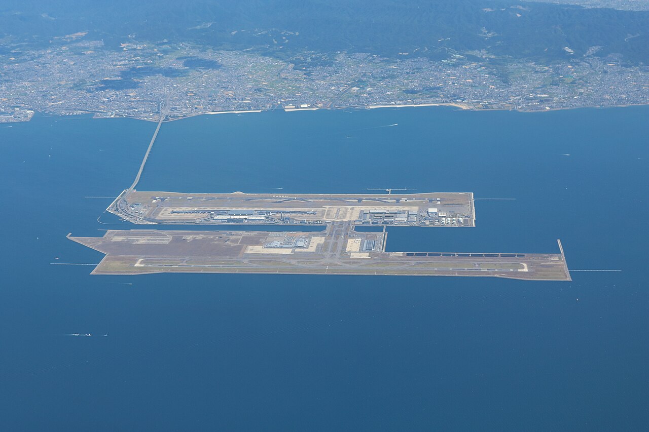 Aerial photograph of Kansai International Airport on its island